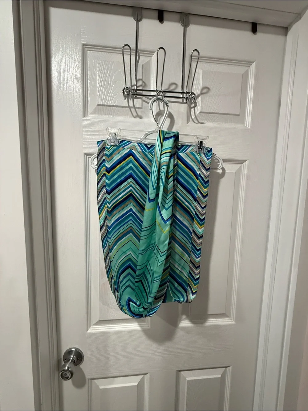 Vintage Anne Klein 100% Silk chevron print scarf, aqua teal.